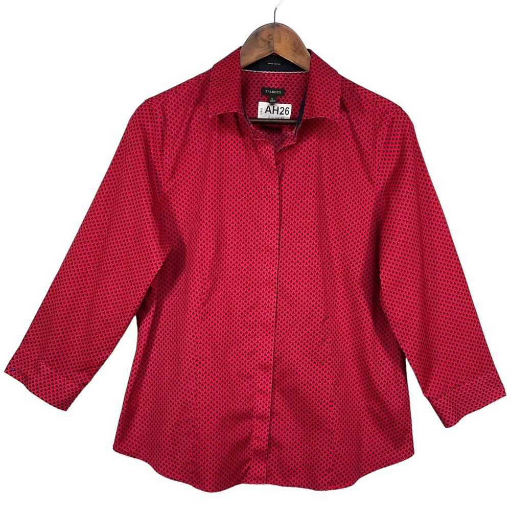 Talbots Button Up Shirt Women Size 12 Red‎ Geometric Wrinkle Resistant